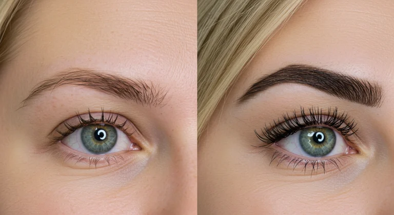 Before-and-after comparison of a patient’s eyebrows, showing the transformation from thin, sparse eyebrows to fuller, more defined eyebrows after a transplant