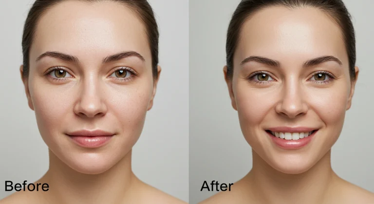 Before-and-after comparison of a patient’s skin, showing significant improvement in texture, wrinkle reduction, and pigmentation after undergoing Laser Fotona treatments