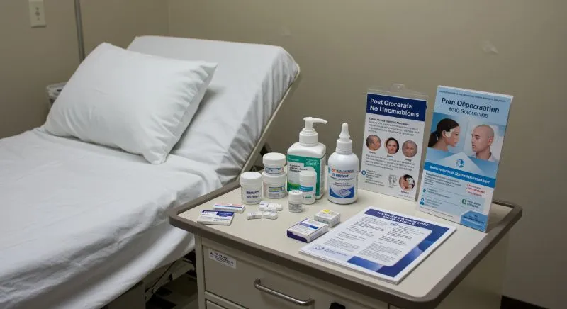 Produtos pós-operatórios ao lado de leito clínico