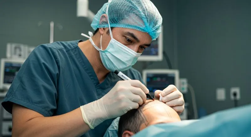 Cirurgião marca área para transplante capilar